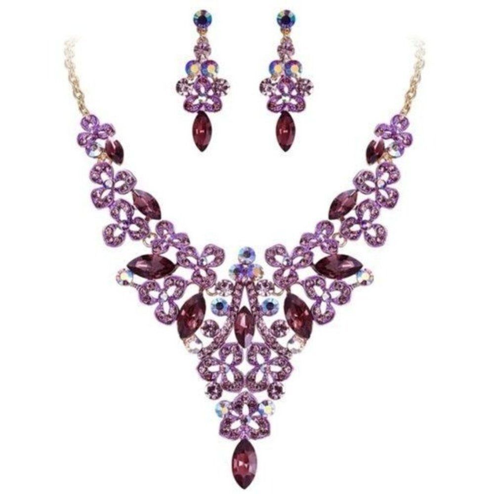 Yellow Gold with Amethyst Austrian Crystal Flower Bib Necklace and Earrings Set